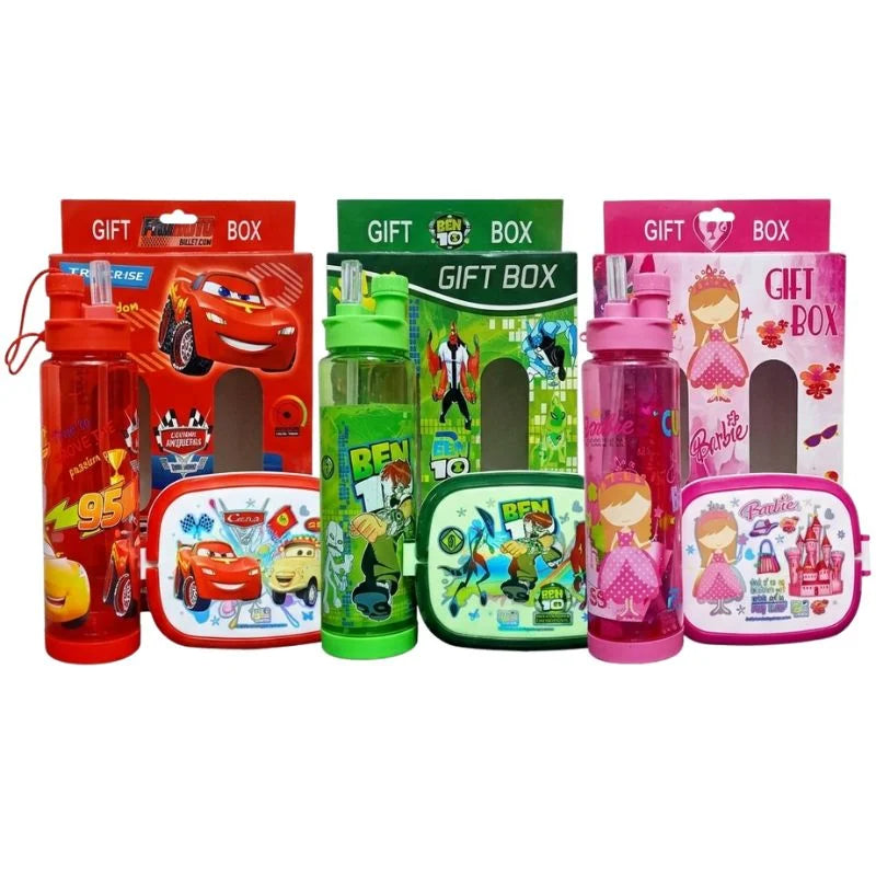 2-in-1 Kids Lunch Box & Water Bottle Set | School Combo Gift Pack with Bottle & Lunch Box | Multiple Cartoon Characters