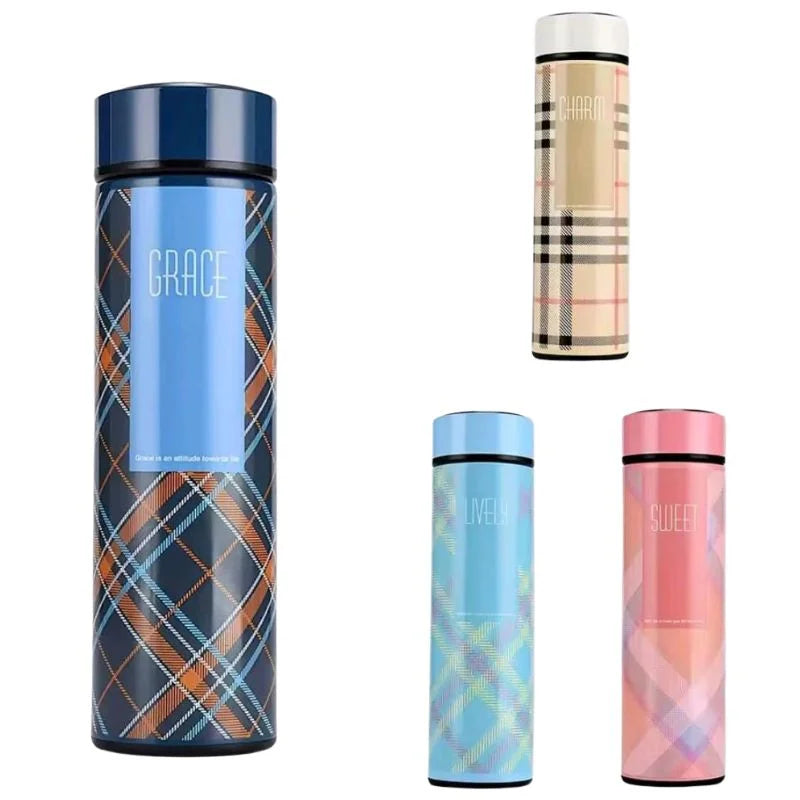 LED Temperature Display Water Bottle | Checkered Design | Smart Stainless Steel Vacuum 500ml Flask | Random Color