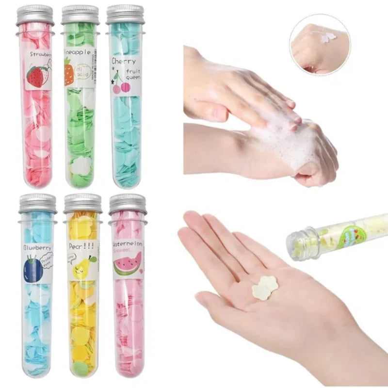 Portable Disposable Soap Paper Flakes in Flower Tube Bottle | Travel-Friendly Handwashing Sheets for Outdoor & Daily Use