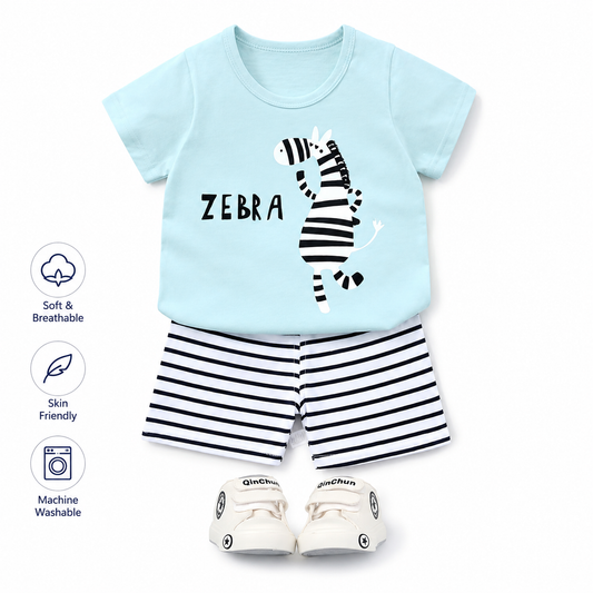 Cute Zebra Baby Boy/Girl Summer Set – Aqua Blue T-Shirt & Striped Shorts