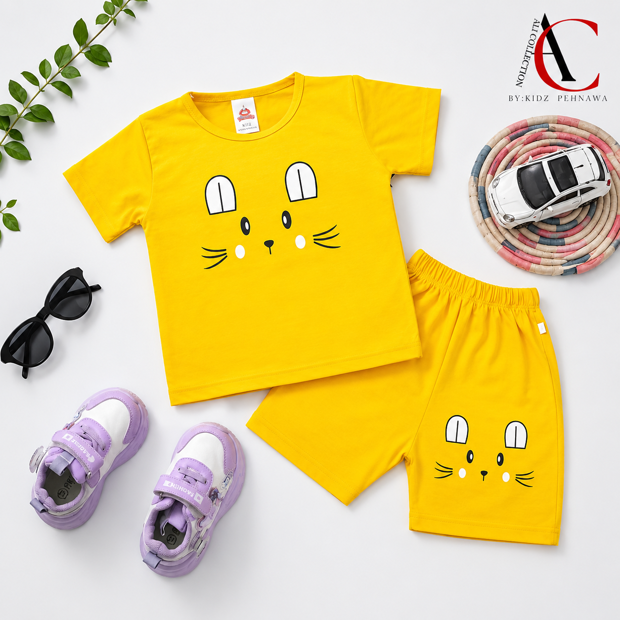 Yellow Bunny Face Print T-Shirt & Shorts Set – PC Jersey Fabric (0-3 Months to 7 Years) T-Shirt And Short Pant For Baby Boys And Girls
