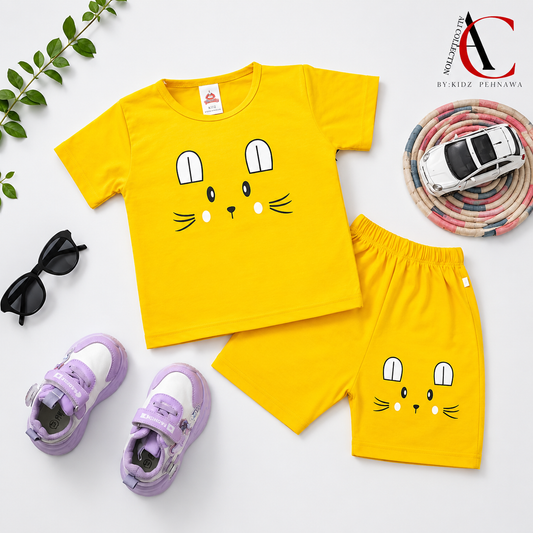 Yellow Bunny Face Print T-Shirt & Shorts Set – PC Jersey Fabric (0-3 Months to 7 Years) T-Shirt And Short Pant For Baby Boys And Girls
