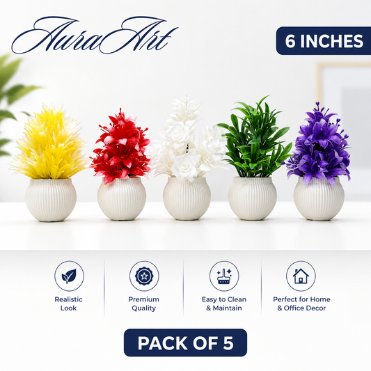 Pack of 5 Artificial Small Plants - 6 Inches High Quality Table Top Decor in White Pots