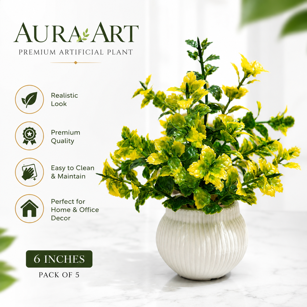 8-inch Artificial Plant with White Round Pot – Table Top Decor for Home, Room, and Office