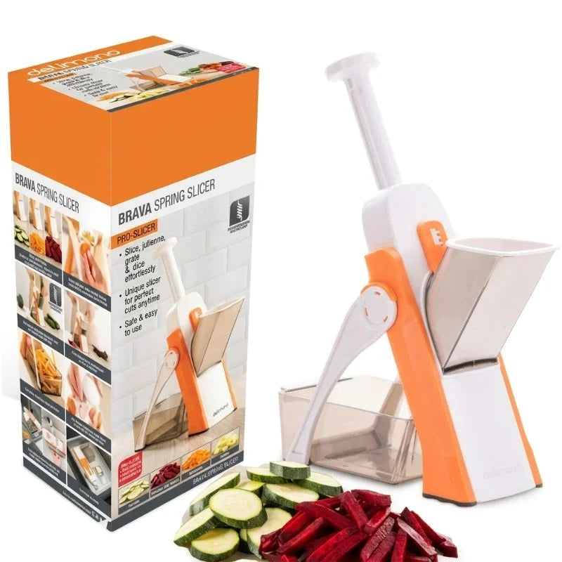 Brava Spring Vegetable Slicer Chopper | Manual Mandoline Cutter Grinder | Multi-Function Fruit & Vegetable Slicer