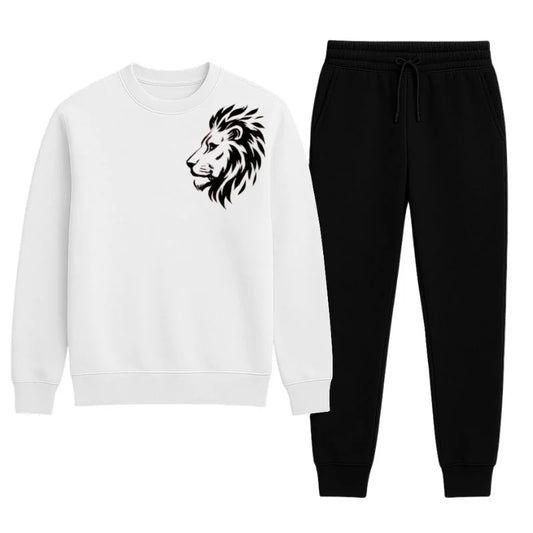 LION Printed White Tracksuit Sweatshirt & Trouser  | Warm & Comfortable Winter Wear | XL