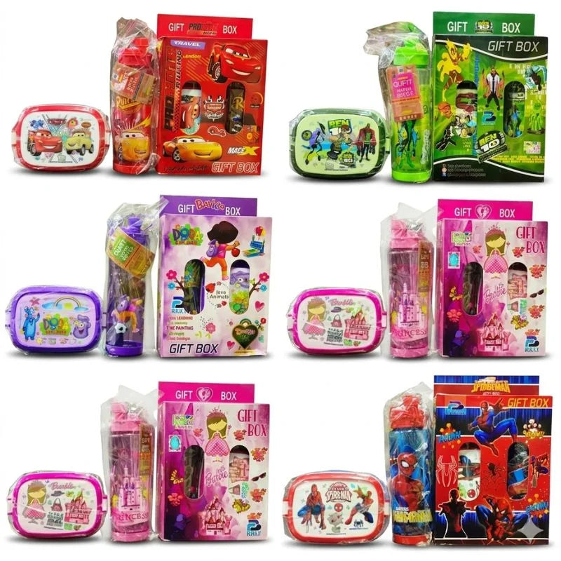 2-in-1 Kids Lunch Box & Water Bottle Set | School Combo Gift Pack with Bottle & Lunch Box | Multiple Cartoon Characters