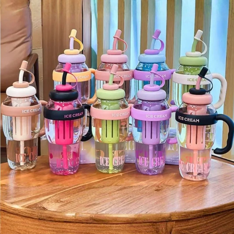 Ice Cream Water Bottle with Straw & Tea Infuser | 1400ml  |  | Large Capacity Gym & Summer Drink Bottle | Random color