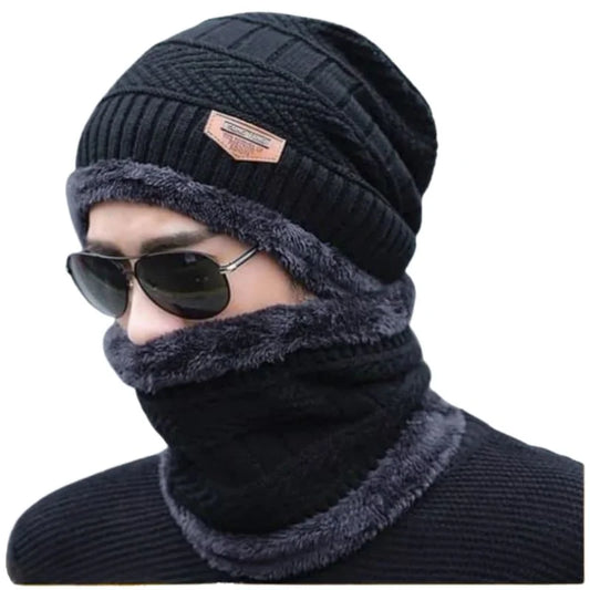 Winter Wool Cap with Neck Warmer Set | Thermal Beanie & Scarf Combo for Men and Women | Black And Gray