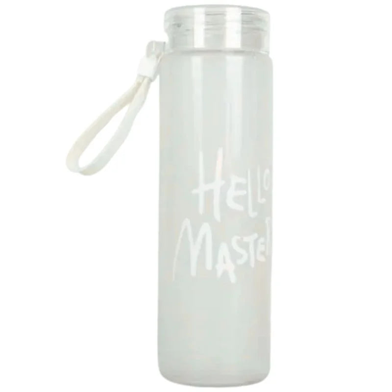 White Frosted Glass Water Bottle  |  Leak-Proof Insulated Bottle with Hello Master Decal Logo | 400ml